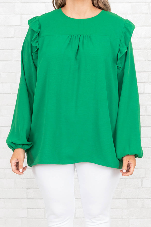 Chic Soul plus size clothing, green flowy top with ruffles on the sleeves
