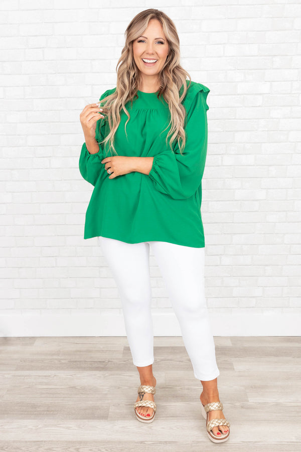 Chic Soul plus size clothing, green flowy top with ruffles on the sleeves