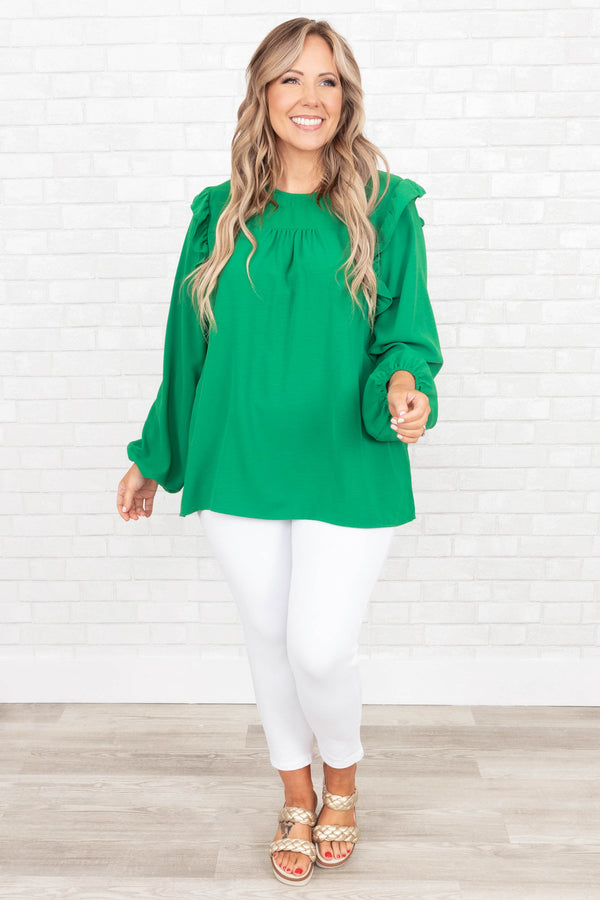 Chic Soul plus size clothing, green flowy top with ruffles on the sleeves