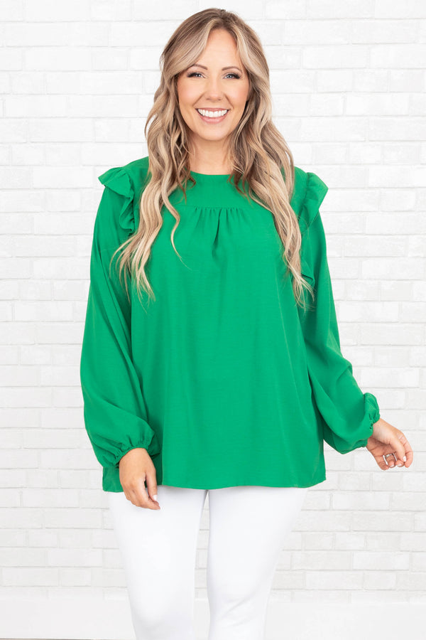 Chic Soul plus size clothing, green flowy top with ruffles on the sleeves