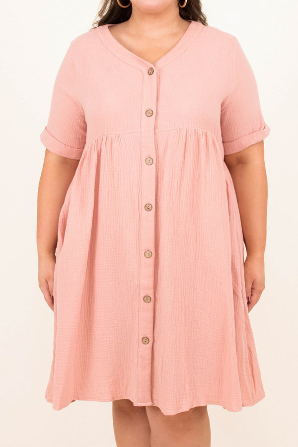 Chic Soul plus size clothing, rose pink baby doll casual dress button down short sleeves v neck