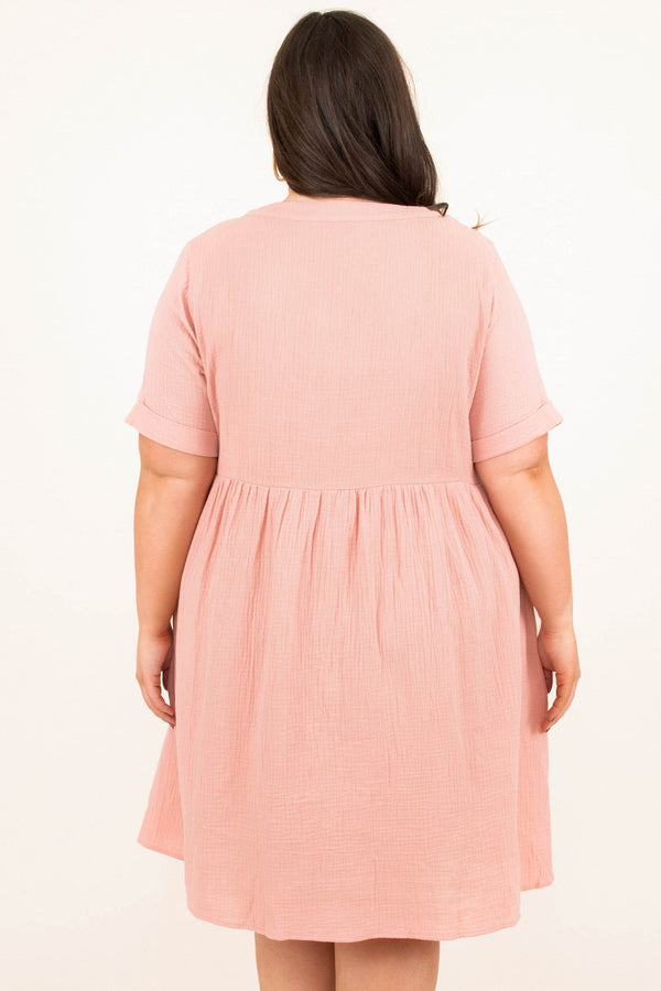 Chic Soul plus size clothing, rose pink baby doll casual dress button down short sleeves v neck