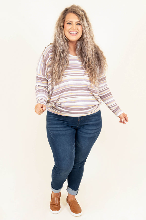 Chic Soul plus size clothing, taro multi stripped long sleeve casual top