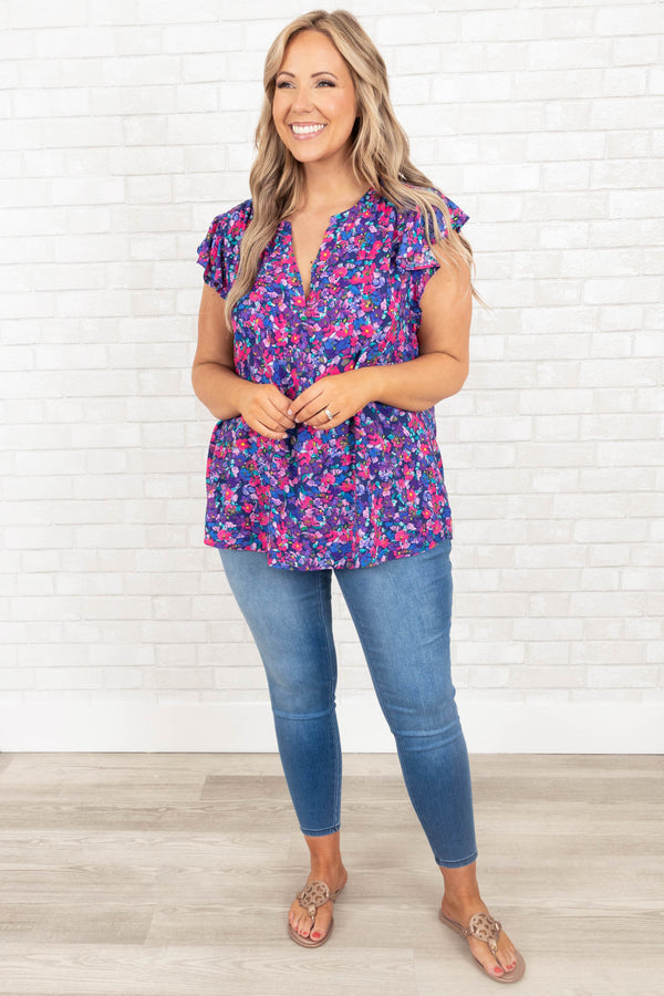 Chic Soul plus size clothing, multicolor floral top with flutter sleeves