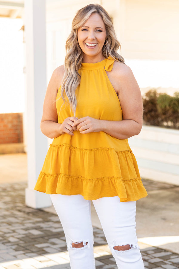 Chic Soul plus size clothing, honey mustard yellow halter top with ruffle hemline