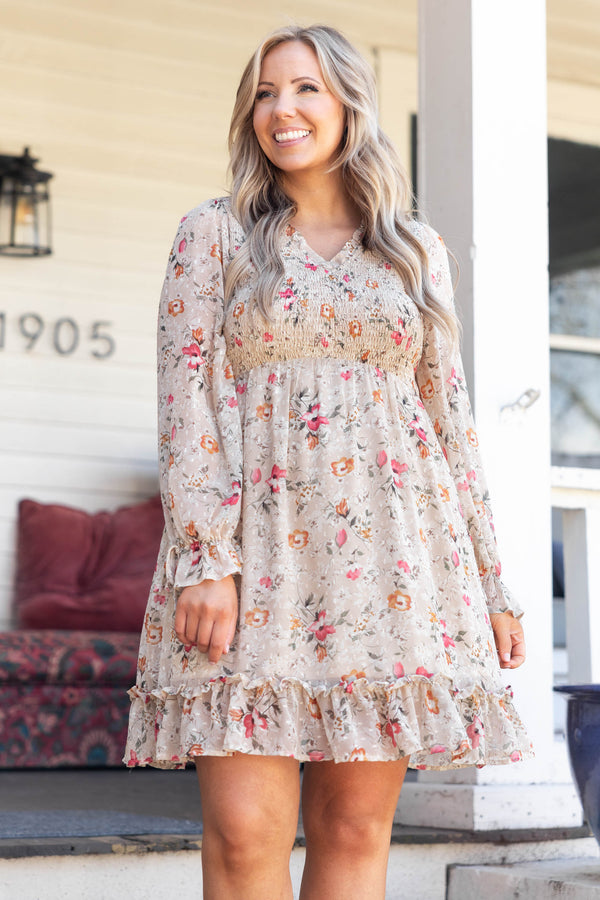 Chic Soul plus size clothing, ivory smocked bodice dress with multicolor floral pattern and ruffle hemline and sleeves