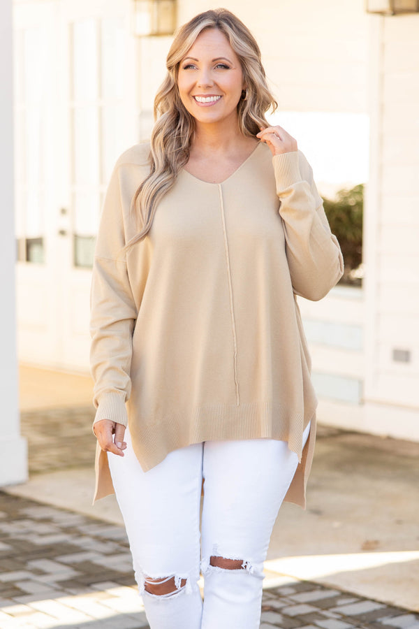 Chic Soul plus size clothing, taupe v neck sweater
