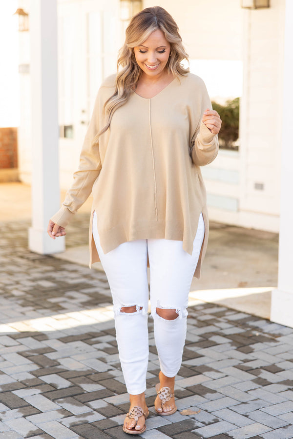 Chic Soul plus size clothing, taupe v neck sweater