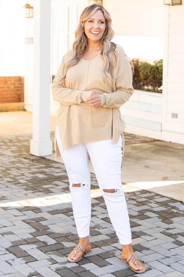 Chic Soul plus size clothing, taupe v neck sweater