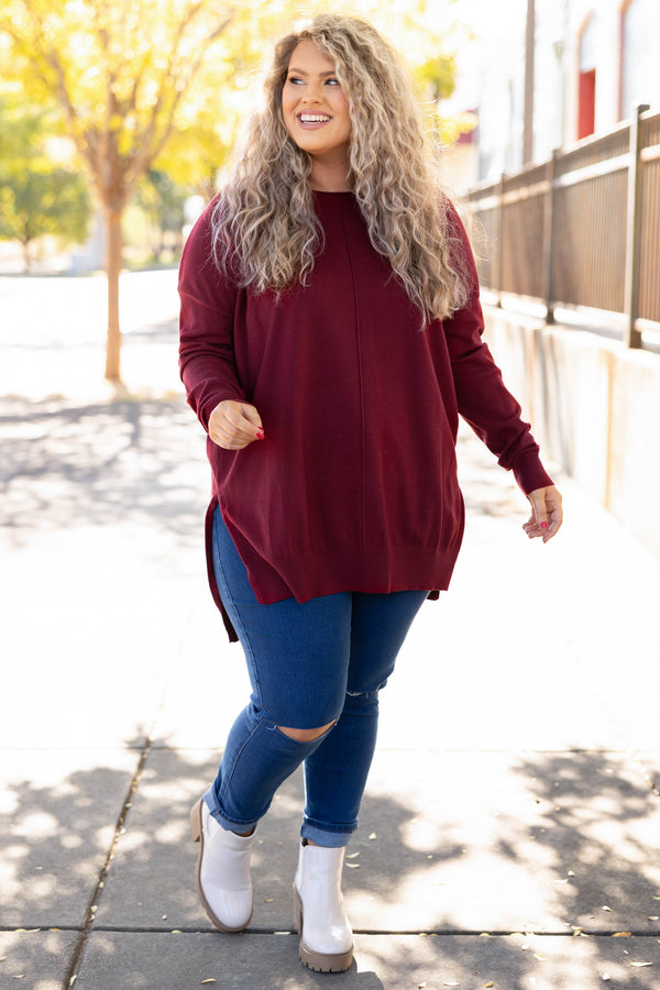 Chic Soul plus size clothing, burgundy v neck sweater