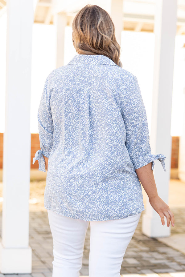 Chic Soul plus size clothing, misty blue top with dotted pattern and tie sleeves