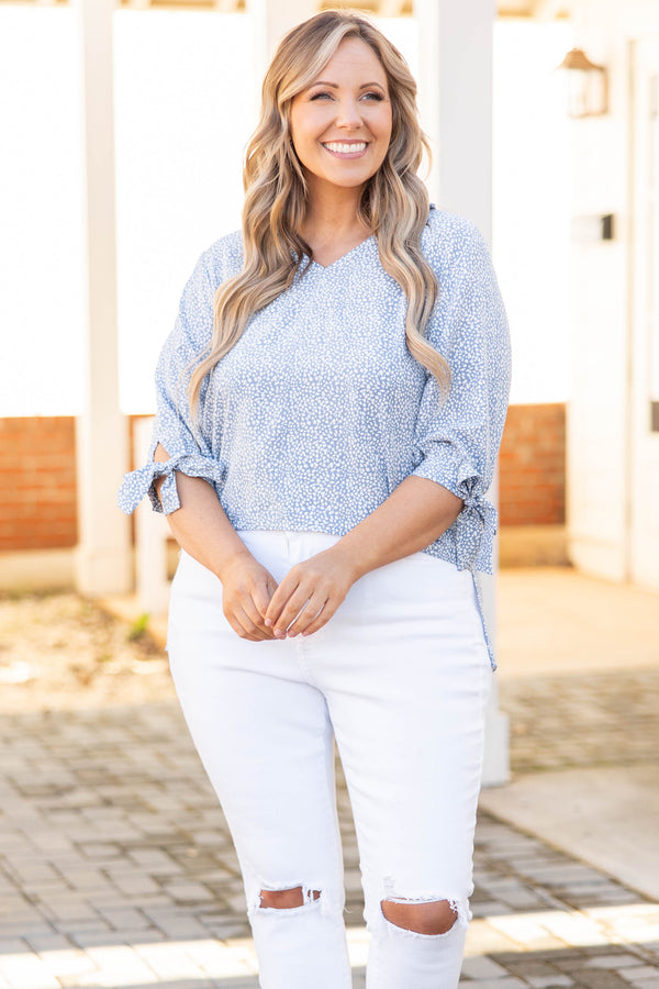 Chic Soul plus size clothing, misty blue top with dotted pattern and tie sleeves