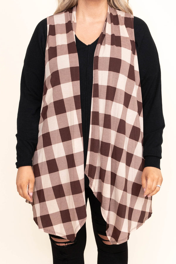 Chic Soul plus size clothing, plaid mocha brown and white sleeveless vest