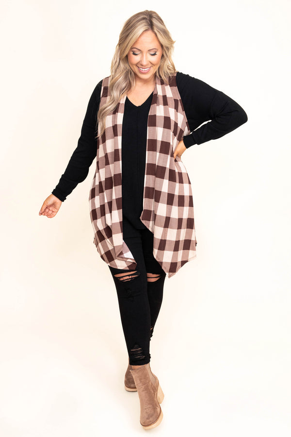 Chic Soul plus size clothing, plaid mocha brown and white sleeveless vest