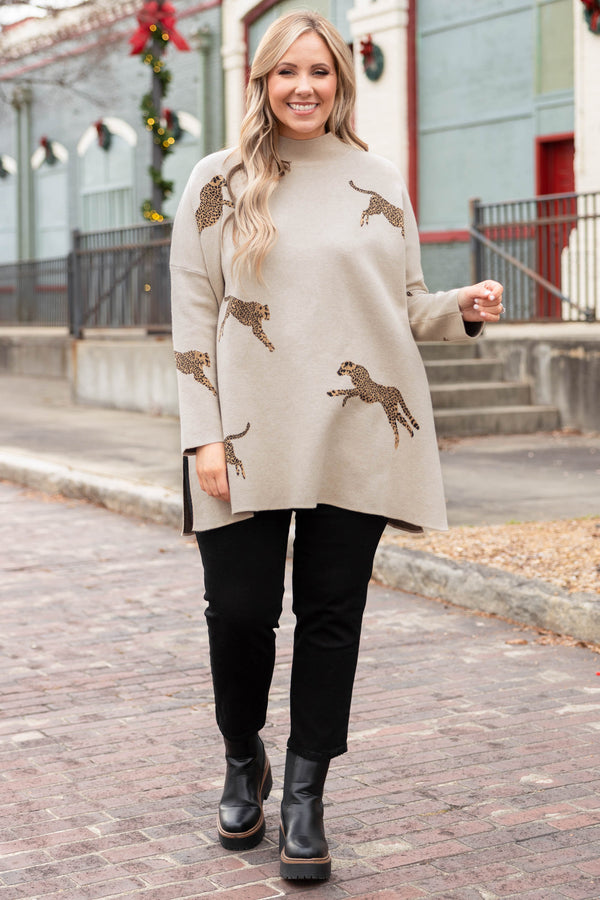 Chic Soul plus size clothing, oatmeal leopard sweater