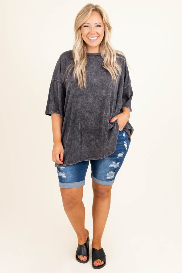Chic Soul plus size clothing, dark wash high waisted distressed mid length denim shorts