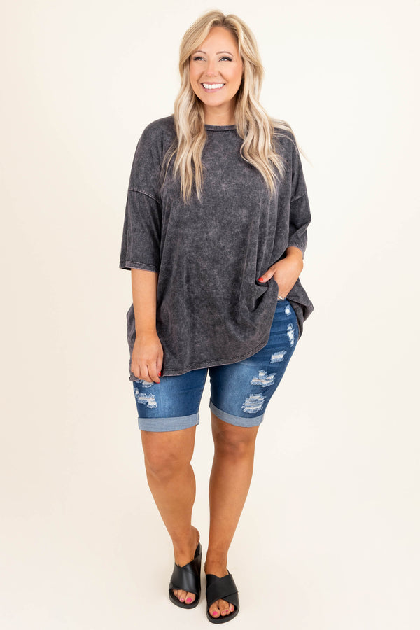 Chic Soul plus size clothing, dark wash high waisted distressed mid length denim shorts