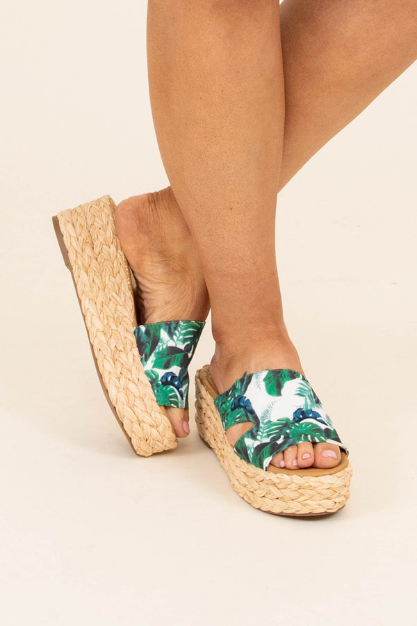 Chic Soul plus size clothing, green tropical floral strap slide on platform rope braided bottom sandals