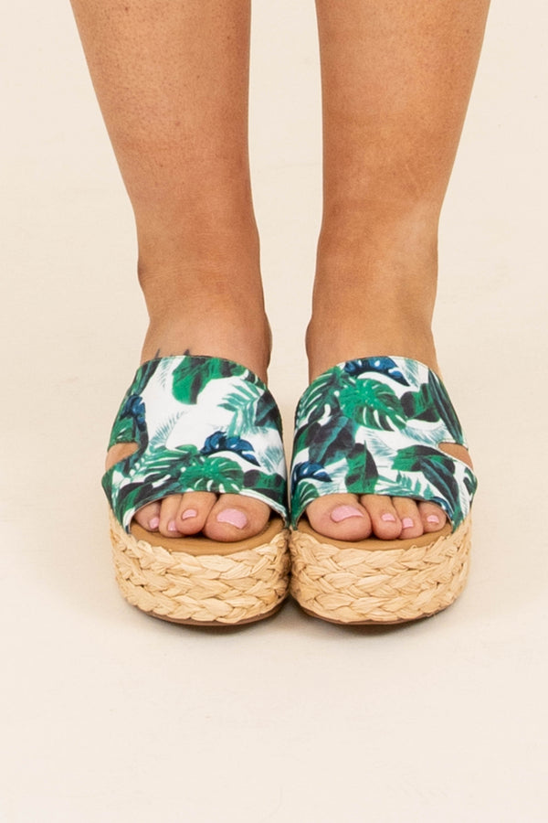Chic Soul plus size clothing, green tropical floral strap slide on platform rope braided bottom sandals