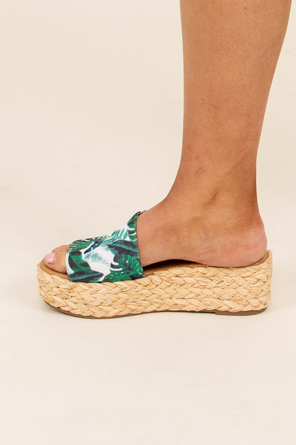 Chic Soul plus size clothing, green tropical floral strap slide on platform rope braided bottom sandals