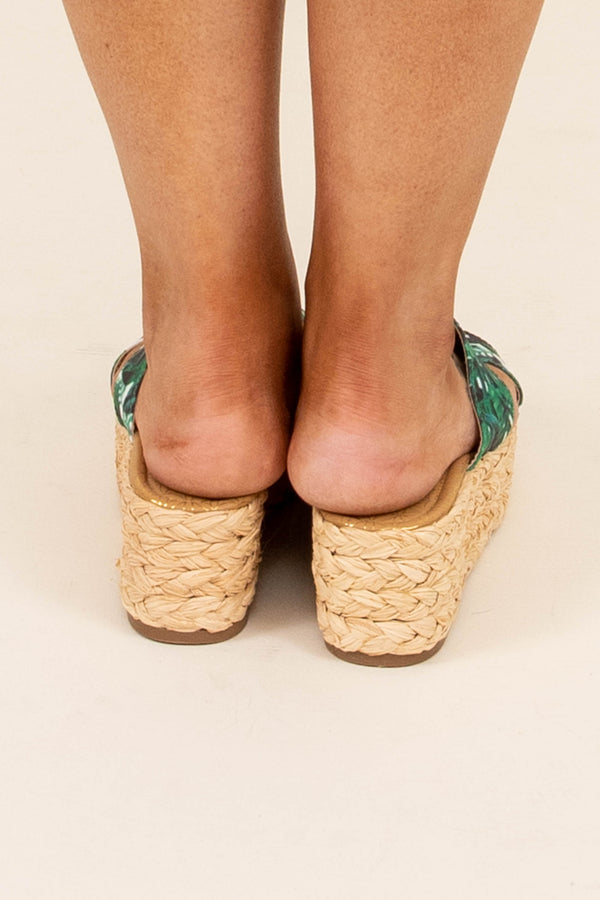 Chic Soul plus size clothing, green tropical floral strap slide on platform rope braided bottom sandals
