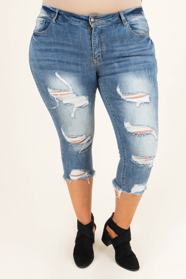 Chic Soul plus size clothing, medium wash distressed capri jeans