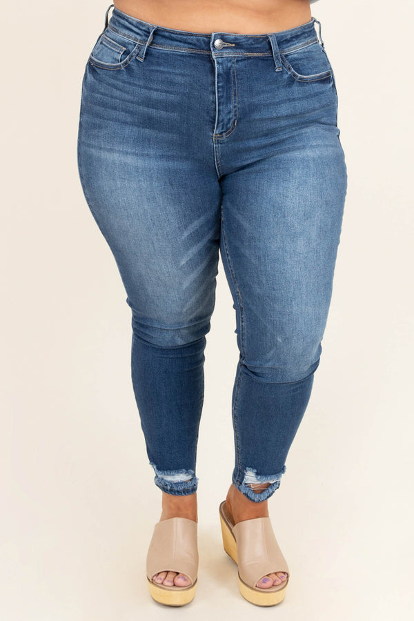 Chic Soul plus size clothing, dark wash distressed ends denim skinny jeans