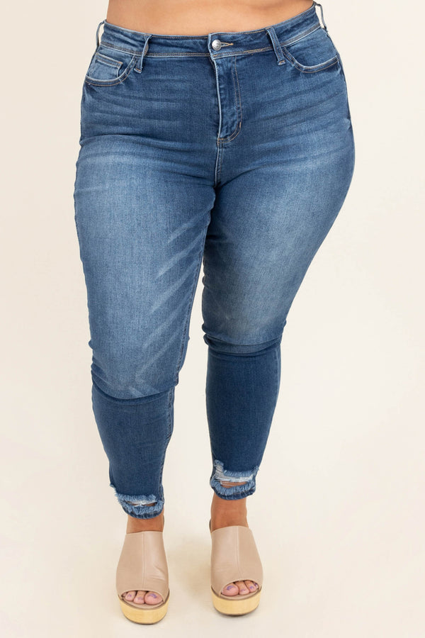 Chic Soul plus size clothing, dark wash distressed ends denim skinny jeans