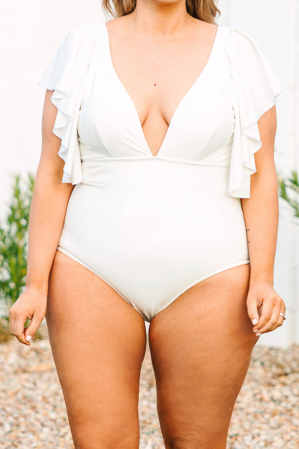 Chic Soul plus size clothing, white one piece swimsuit with a deep v neck and flutter sleeves
