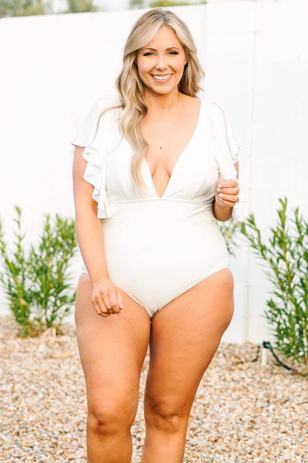 Chic Soul plus size clothing, white one piece swimsuit with a deep v neck and flutter sleeves