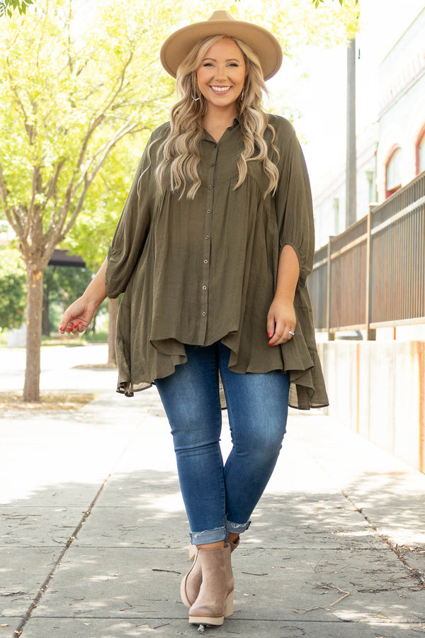 Chic Soul plus size clothing, olive brown solid three quarter length sleeve button down detailing tunic top