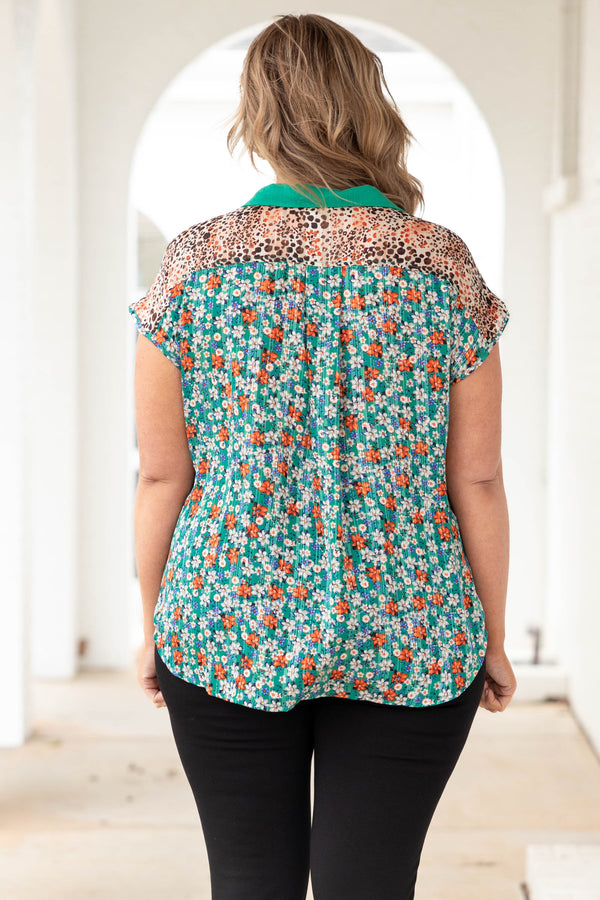 Chic Soul plus size clothing, jade green button down collared top with multicolor pattern on the back