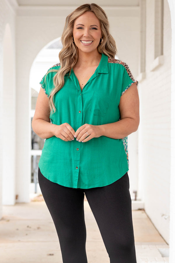 Chic Soul plus size clothing, jade green button down collared top with multicolor pattern on the back
