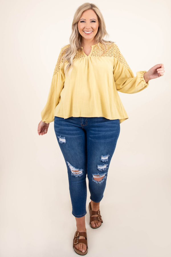 Plus Size marigold linen-blend top with lace crochet yoke, V-neckline, and long balloon sleeves.