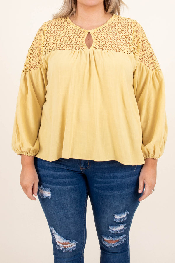 Plus Size marigold linen-blend top with lace crochet yoke, V-neckline, and long balloon sleeves.