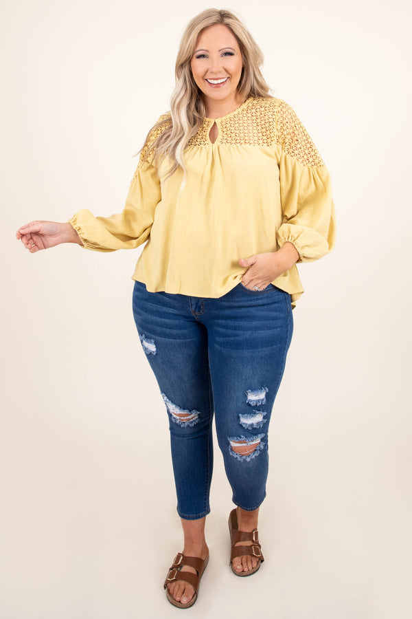 Plus Size marigold linen-blend top with lace crochet yoke, V-neckline, and long balloon sleeves.
