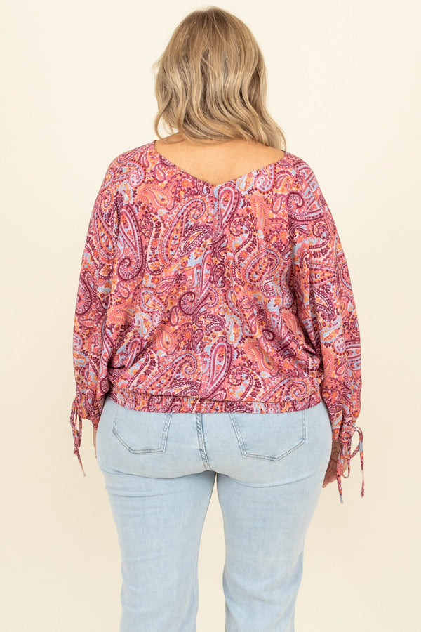 Chic Soul plus size clothing, mauve mix v neck long bubble sleeve paisley pattern top