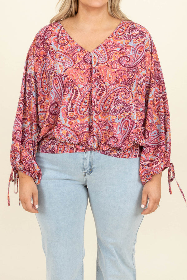 Chic Soul plus size clothing, mauve mix v neck long bubble sleeve paisley pattern top