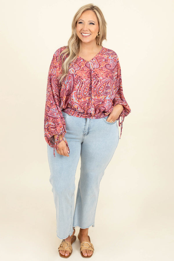 Chic Soul plus size clothing, mauve mix v neck long bubble sleeve paisley pattern top