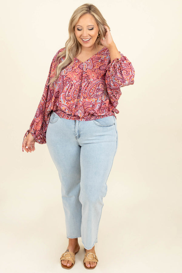 Chic Soul plus size clothing, mauve mix v neck long bubble sleeve paisley pattern top