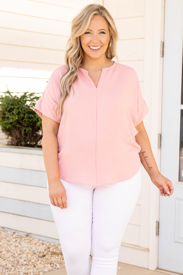 Chic Soul plus size clothing, pink solid short sleeve casual top