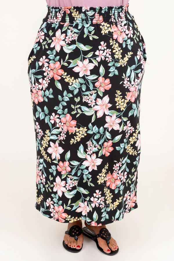 Chic Soul plus size clothing, black floral maxi skirt