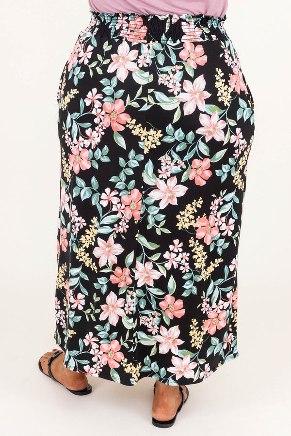 Chic Soul plus size clothing, black floral maxi skirt
