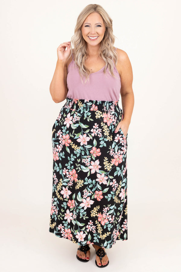 Chic Soul plus size clothing, black floral maxi skirt