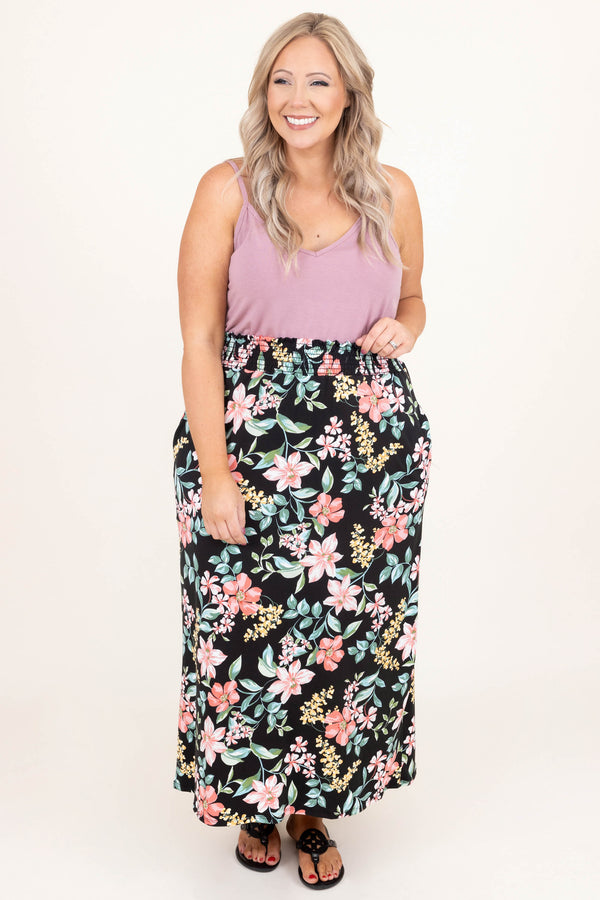 Chic Soul plus size clothing, black floral maxi skirt