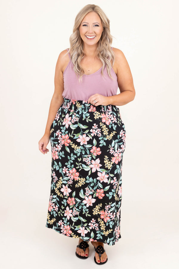 Chic Soul plus size clothing, black floral maxi skirt