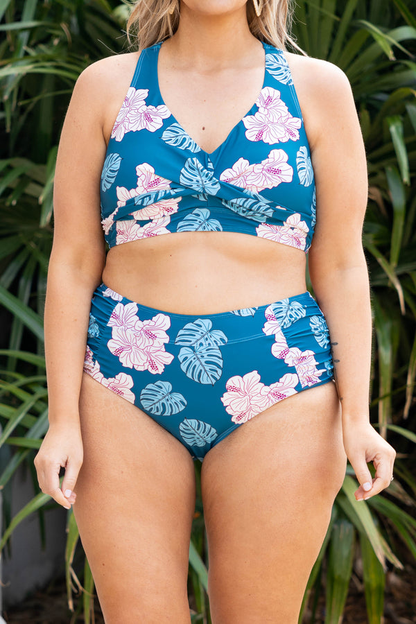Chic Soul plus size clothing, teal floral patterned crossover design swim top