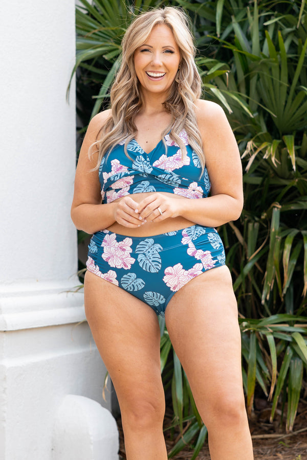Chic Soul plus size clothing, teal floral patterned crossover design swim top