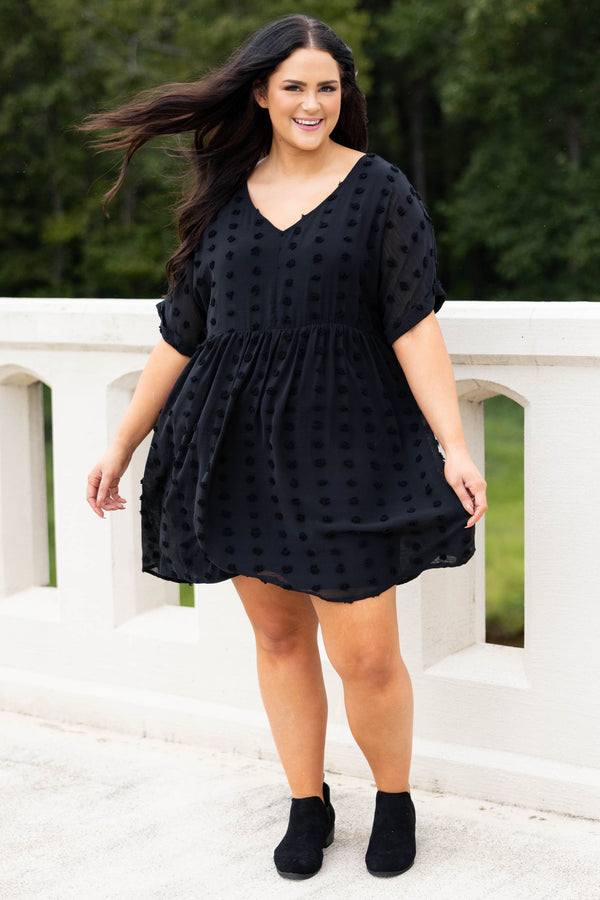 Chic Soul plus size clothing, black swiss dot style short sleeve dress