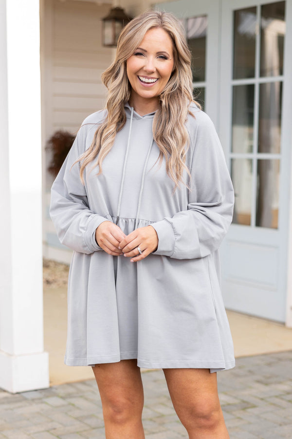 Chic Soul plus size clothing, grey babydoll style hoodie dress